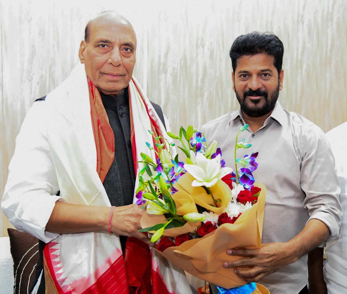 Telangana Chief Minister A. Revanth Reddy with Union Defence Minister Rajnath Singh in New Delhi on Tuesday (November 26, 2024).