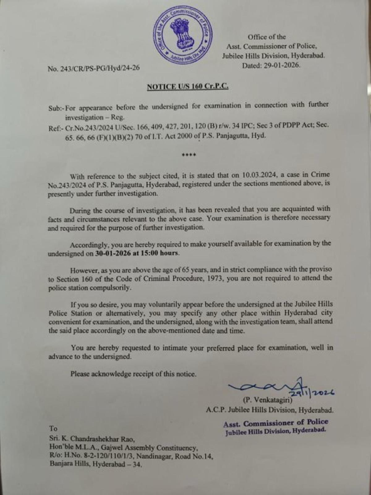 O aviso emitido ao ex-ministro-chefe e Gajwel MLA K. Chandrashekar Rao