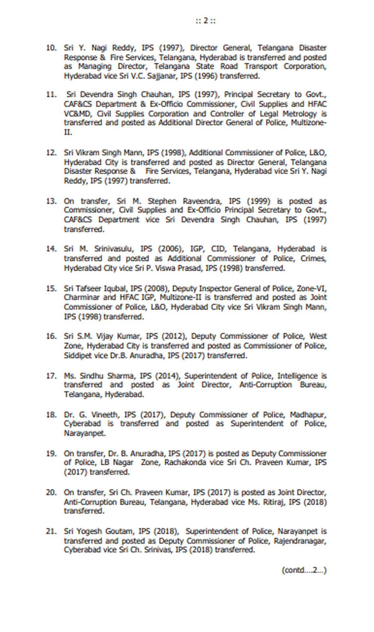 O governo de Telangana emitiu novas ordens transferindo e dando postagens de notícias aos oficiais da IPS na sexta -feira (26 de setembro de 2025).