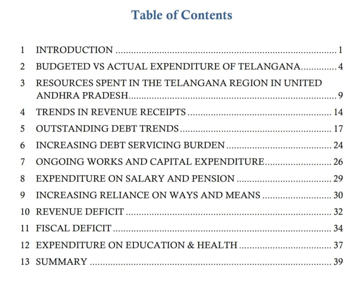 Contents of the White Paper on Telangana State Finances.