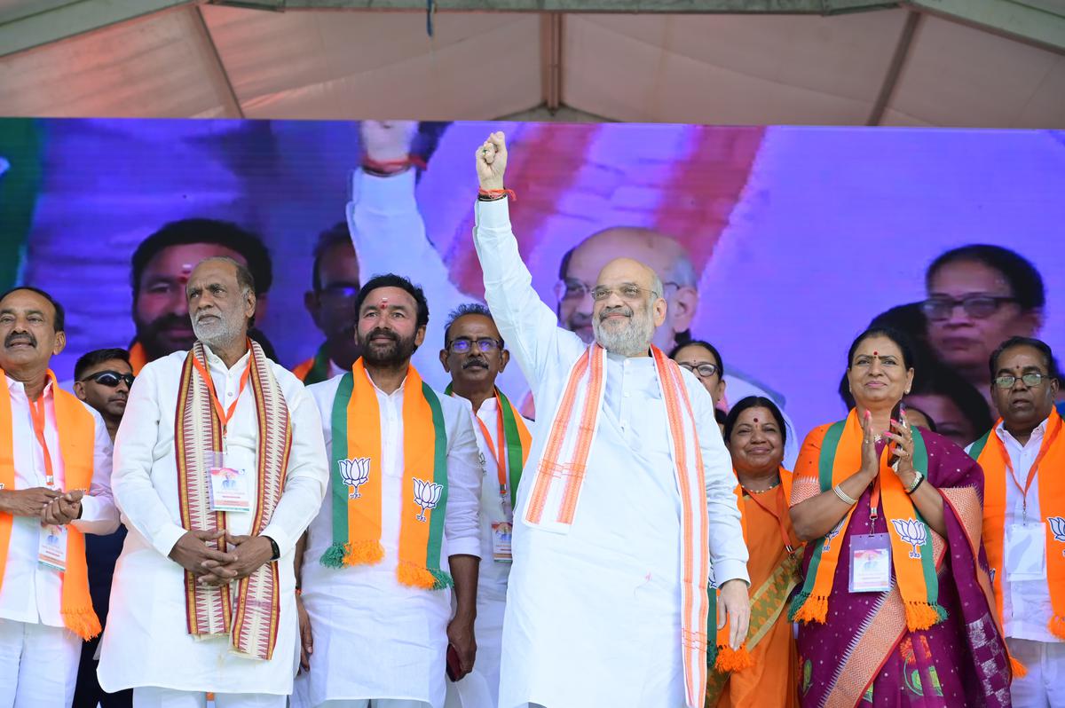 Union Home Minister Amit Shah at a meeting with booth level presidents held at LB. Stadium, Hyderabad on March 12, 2024.
