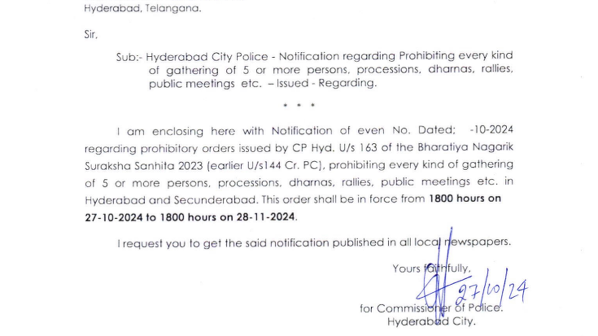 Hyderabad police issue prohibitory order on public gatherings till November 28