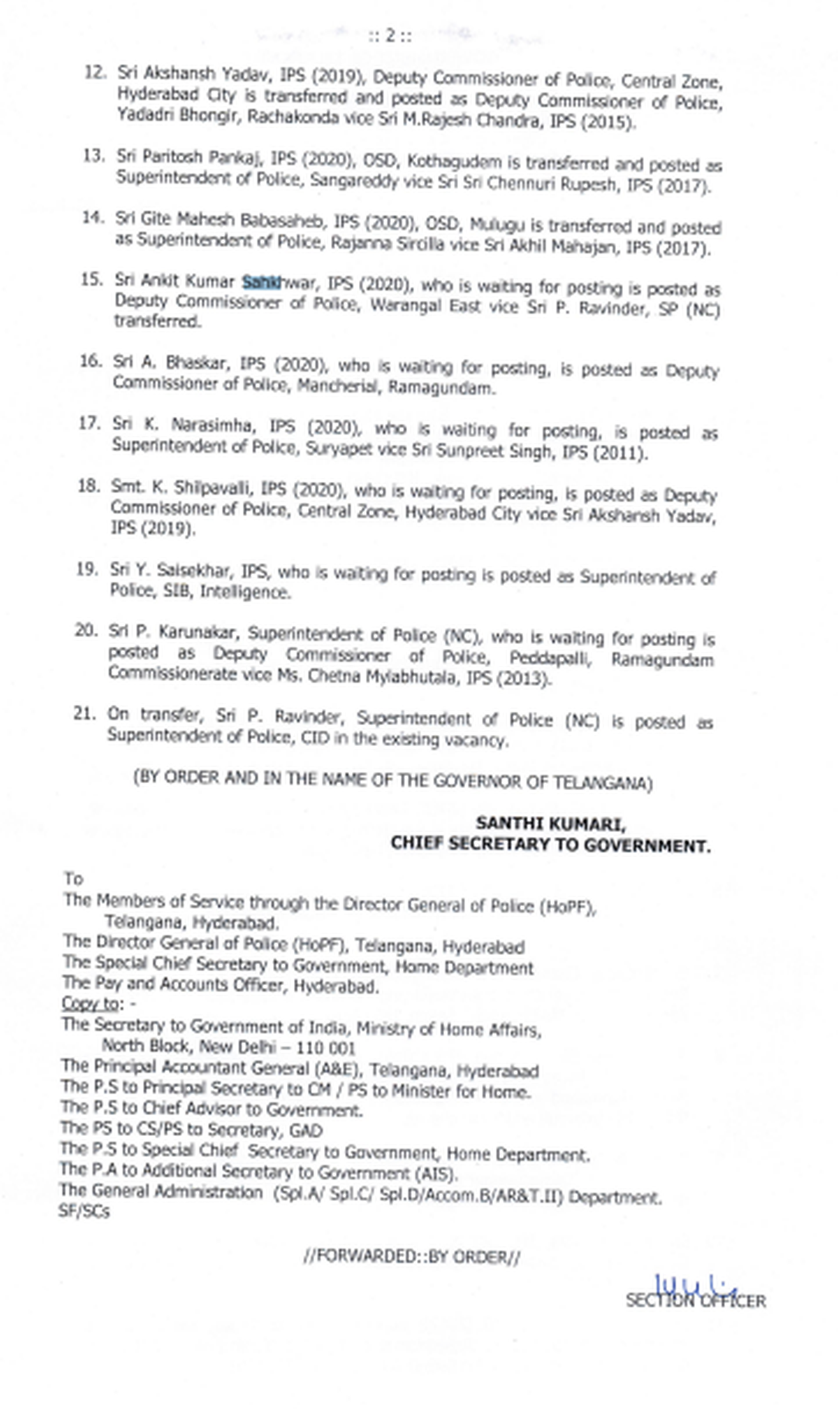 Telangana government issued orders on Friday (March 7, 2025) transferring 21 IPS officers