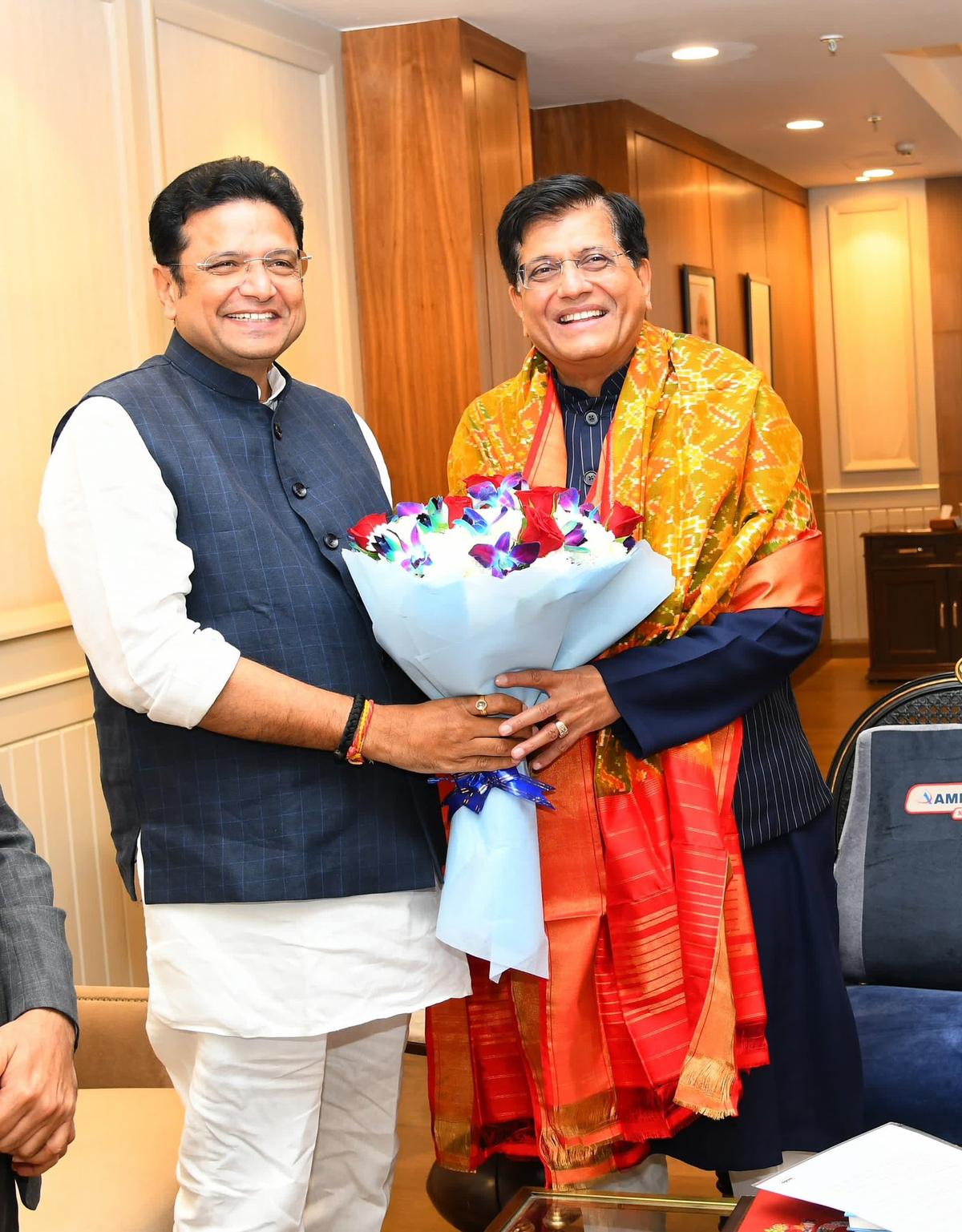 Telangana Industries Minister D. Sridhar Babu with Union Minister of Commerce and Industries Piyush Goyal in New Delhi on Friday (February 14, 2025)