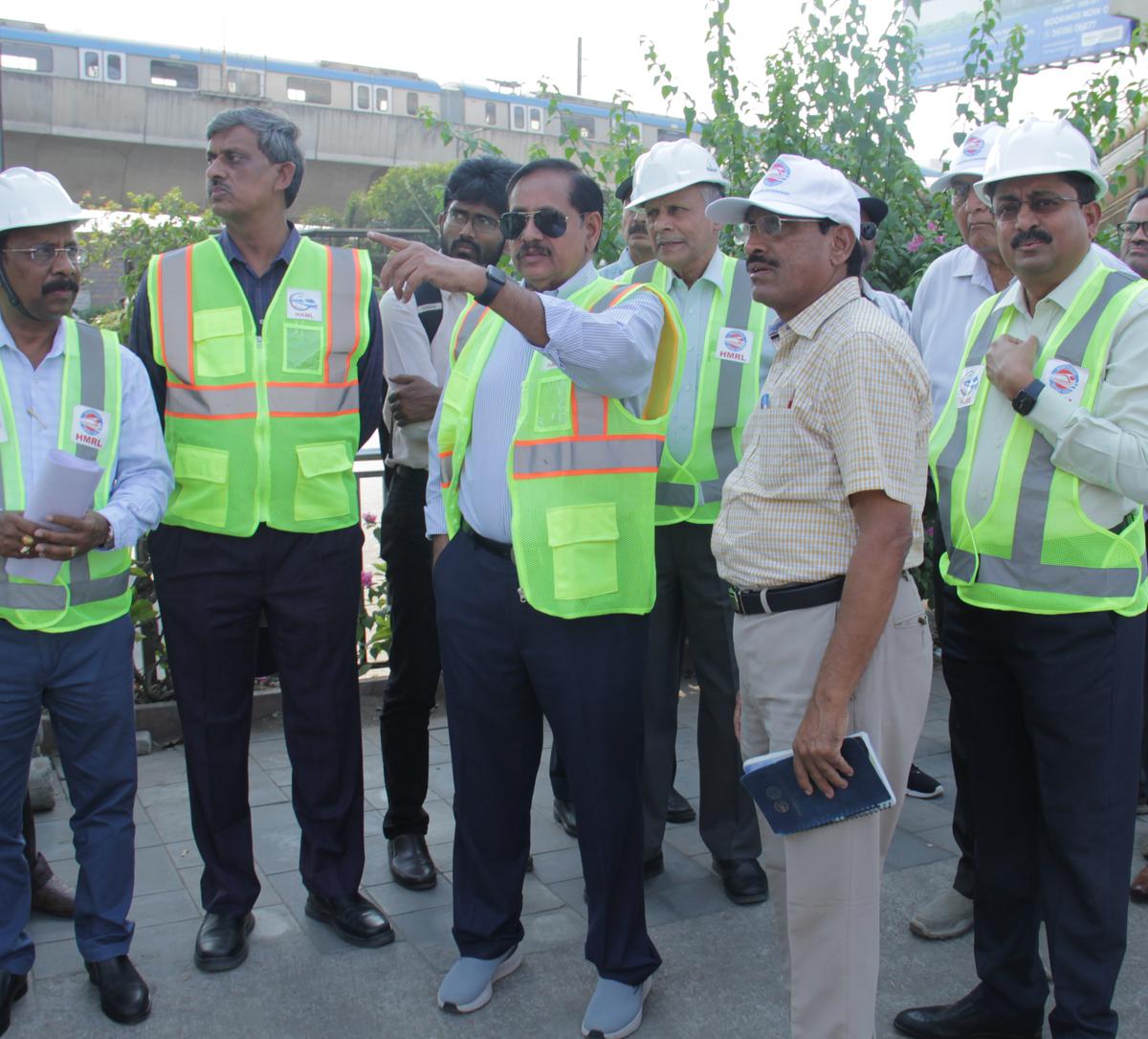 HMR MD NVS Reddy and senior officials inspecting the proposed Airport Metro line alignment from Nagole to Chandrayanagutta on Saturday.