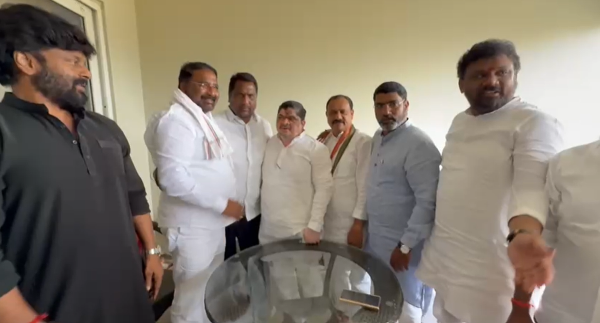 Backward Classes (BC) Welfare Minister Ponnam Prabhakar, Tribal Welfare Minister Adluri Laxman Kumar, Telangana Pradesh Congress Committee (TPCC) chief B Mahesh Kumar Goud and others on Wednesday (October 7, 2025).