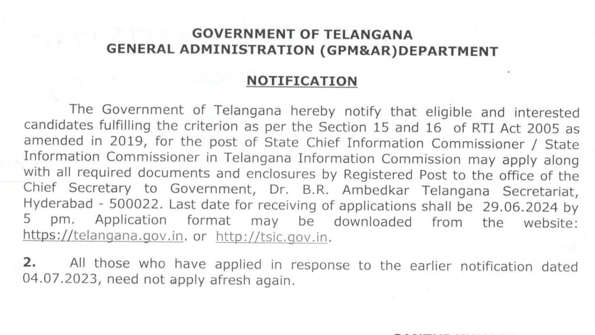 Telangana to fill the posts of Chief Information Commissioner and Information Commissioners under RTI Act