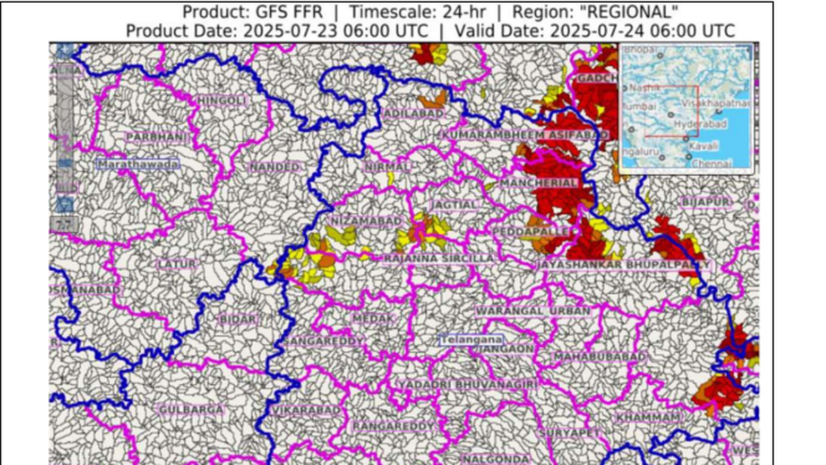 IMD issues flash flood alert for nine Telangana districts, in effect until 11.30 a.m. on July 24