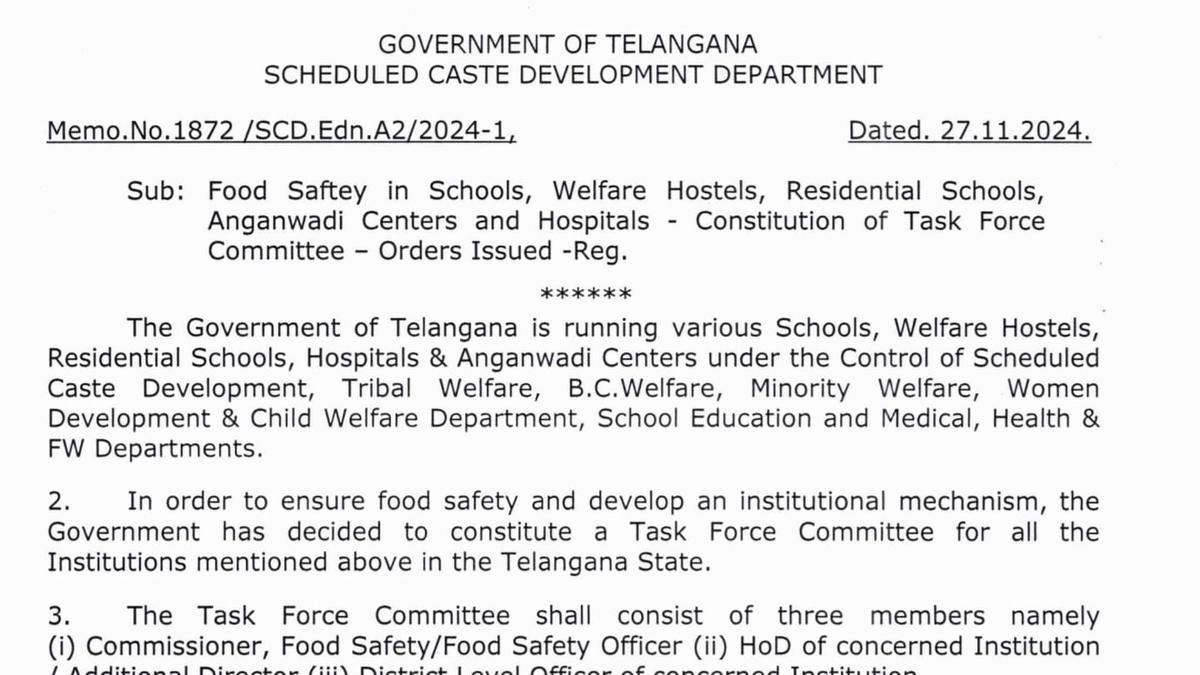 Telangana Govt constitutes Task Force Committee on food safety in State run educational institutions