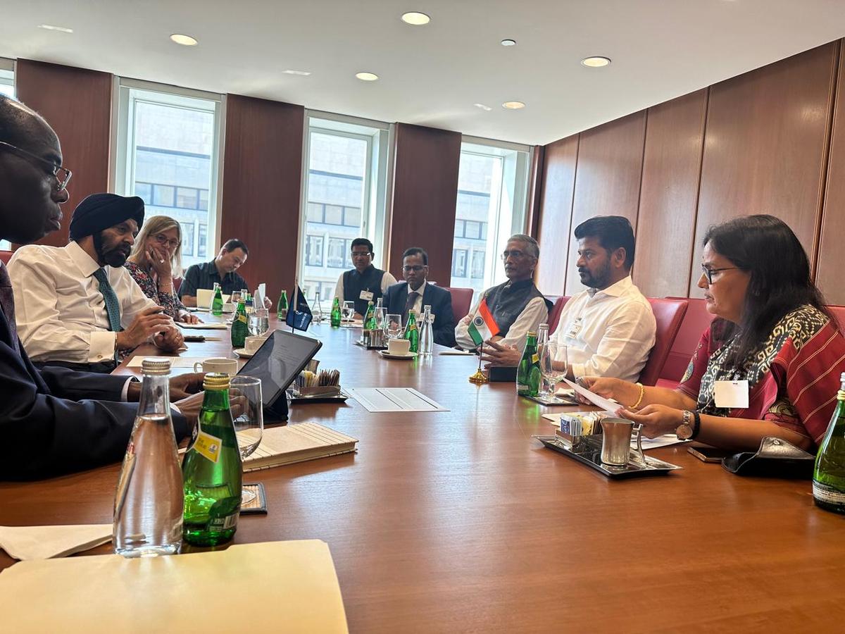 Telangana Chief Minister A. Revanth Reddy and senior officials in a meeting with World Bank president Ajay Banga and others in United States.