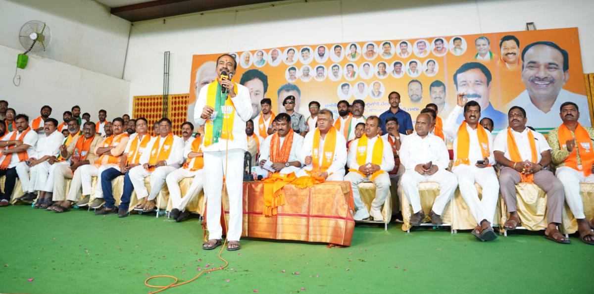 BJP candidate for Malkajgiri constituency, Eatala Rajender at a meeting.