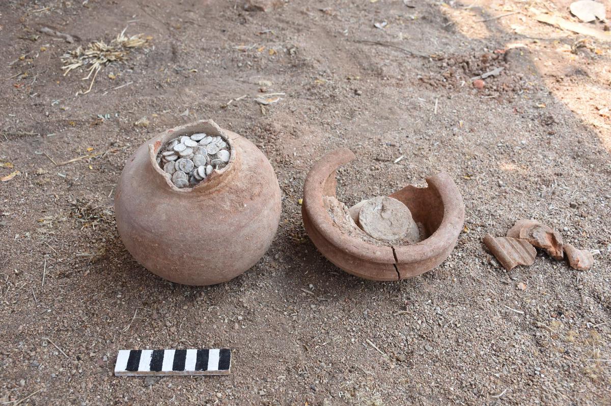 Officials from Archaeology and Museums Department found 3,730 lead coins with elephant symbol on one side and Ujjain symbol on the other side, in Phanigiri, Suryapet district of Telangana.