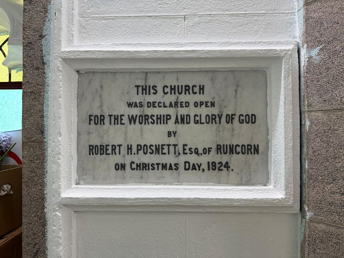 A tablet made of marble at the Medak Cathedral which reads that it was declared open for worship on the Christmas day of 1924. 