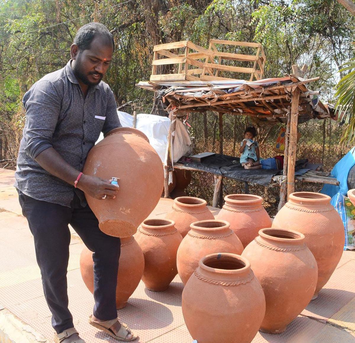 Pots made of clay are seen in Sangareddy district, as temperatures started to rise across Telangana.