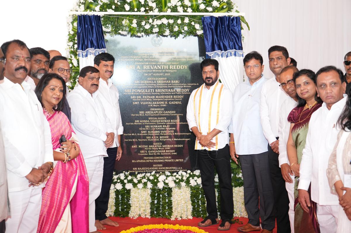 Telangana Chief Minister A. Revanth Reddy, Revenue Minister Ponguleti Srinivas Reddy, Industries Minister D. Sridhar Babu and others at the foundation stone laying ceremony for integrated registration offices at Gachibowli, in Hyderabad on Wednesday (August 20, 2025).