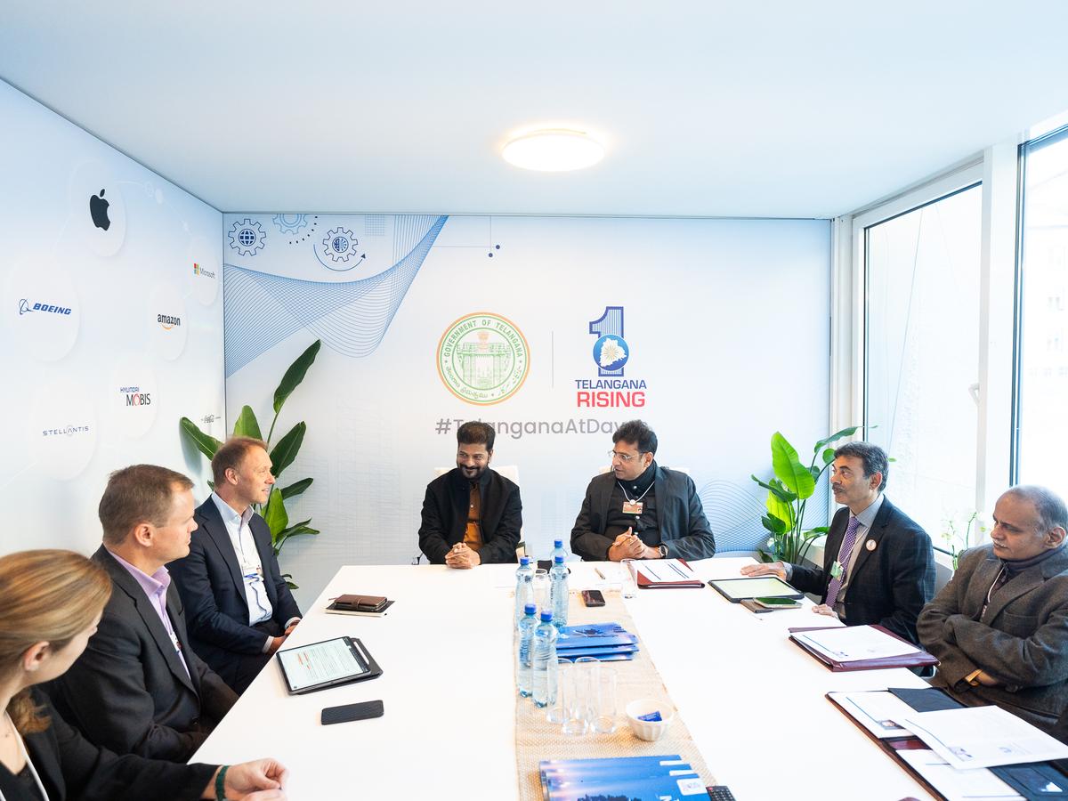 Telangana Chief Minister A. Revanth Reddy, IT and Industries Minister D. Sridhar Babu and officials with Unilever CEO Hein Schumacher and Chief Supply Chain Officer, Unilever, Willem Uijen at World Economic Forum (WEF) annual conference 2025 in Davos, Switzerland, on Tuesday (January 21, 2025).