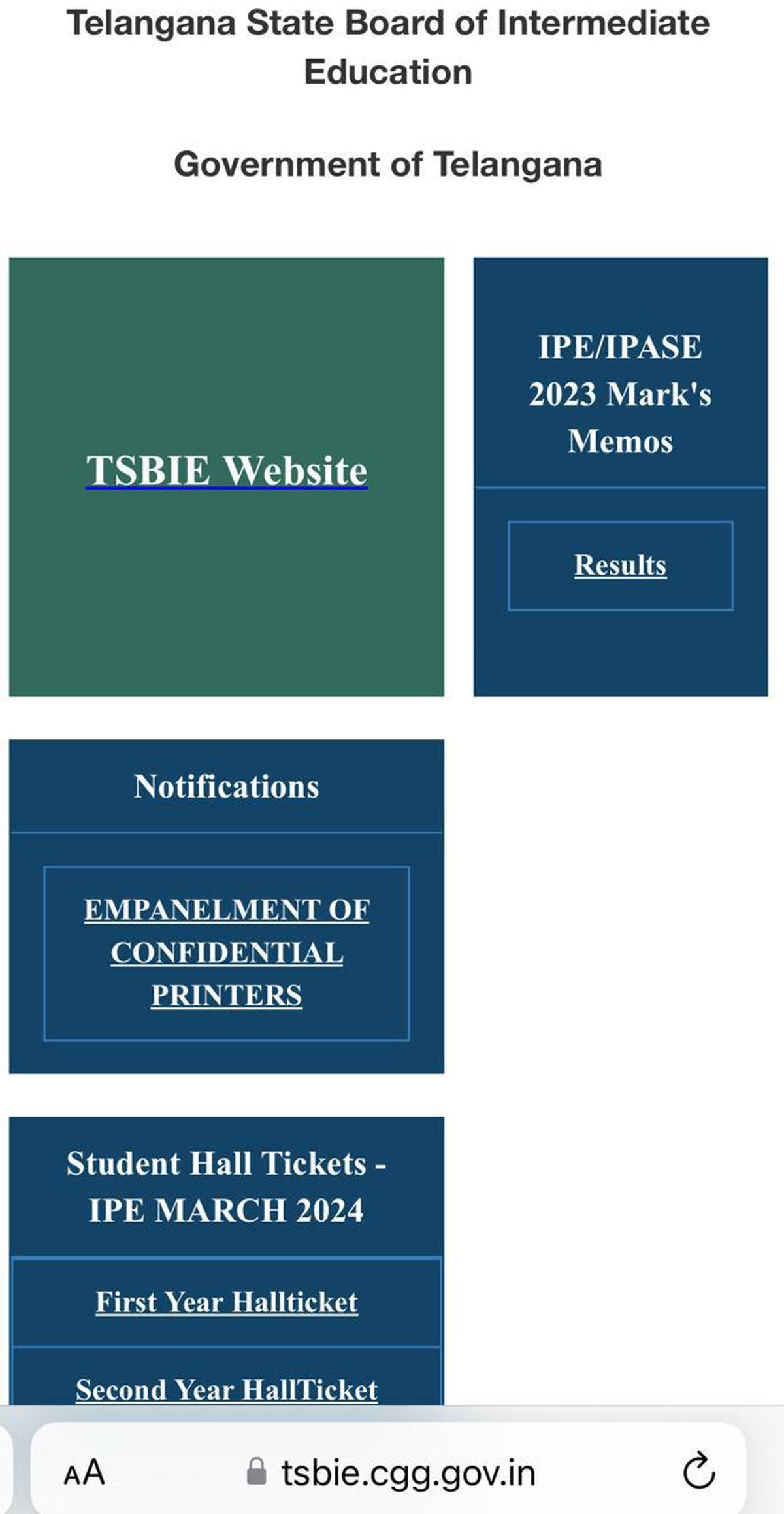 Screenshot of the website tsbie.cgg.gov.in taken on February 26, 2024.