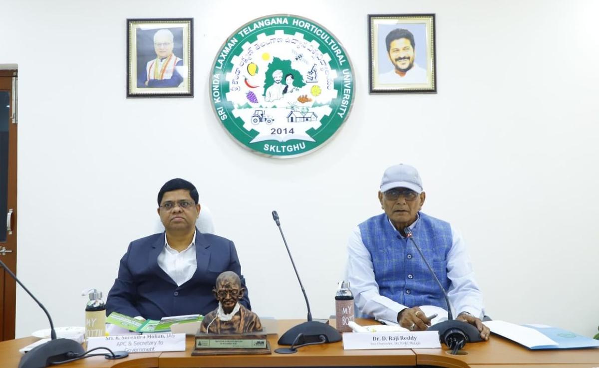 K. Surendra Mohan, Secretary, Telangana State Agriculture and Cooperation Department, Vice-Chancellor of the Sri Konda Laxman Telangana Horticultural University, Danda Raji Reddy at the University headquartered in Mulugu, Siddipet on Thursday (December 25, 2025)