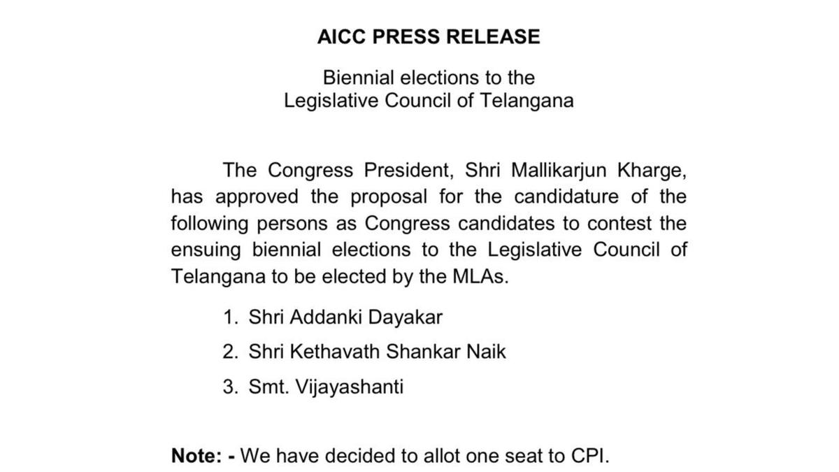 Congress names three MLC candidates, gives fourth one to CPI