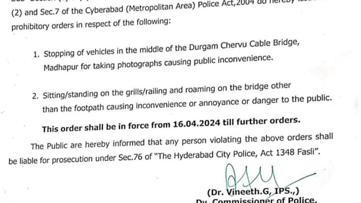 Cyberabad Commissionerate issues restrictions on stopping vehicles on Durgam Cheruvu Cable Bridge 
