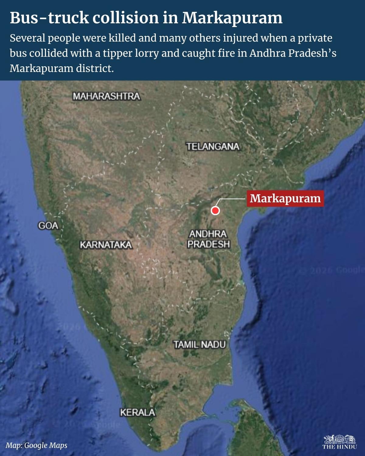 Un incidente d'autobus nel distretto di Markapuram, nell'Andhra Pradesh, ha causato la morte di diverse persone giovedì (26 marzo 2026)