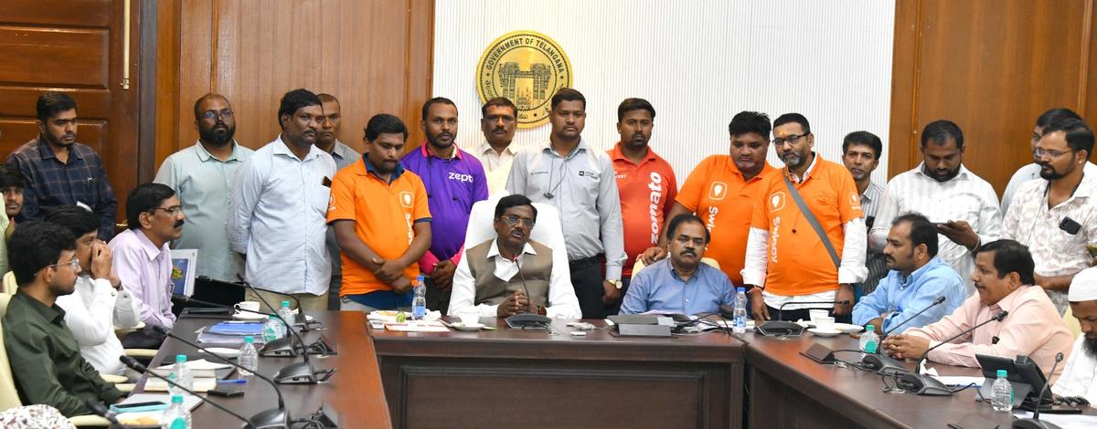 Labour Minister Vivek Venkat Swamy with gig workers at a press conference held in Hyderabad on November 6, 2025 Labour Minister Vivek Venkat Swamy with gig workers at a press conference held in Hyderabad on November 6, 2025
