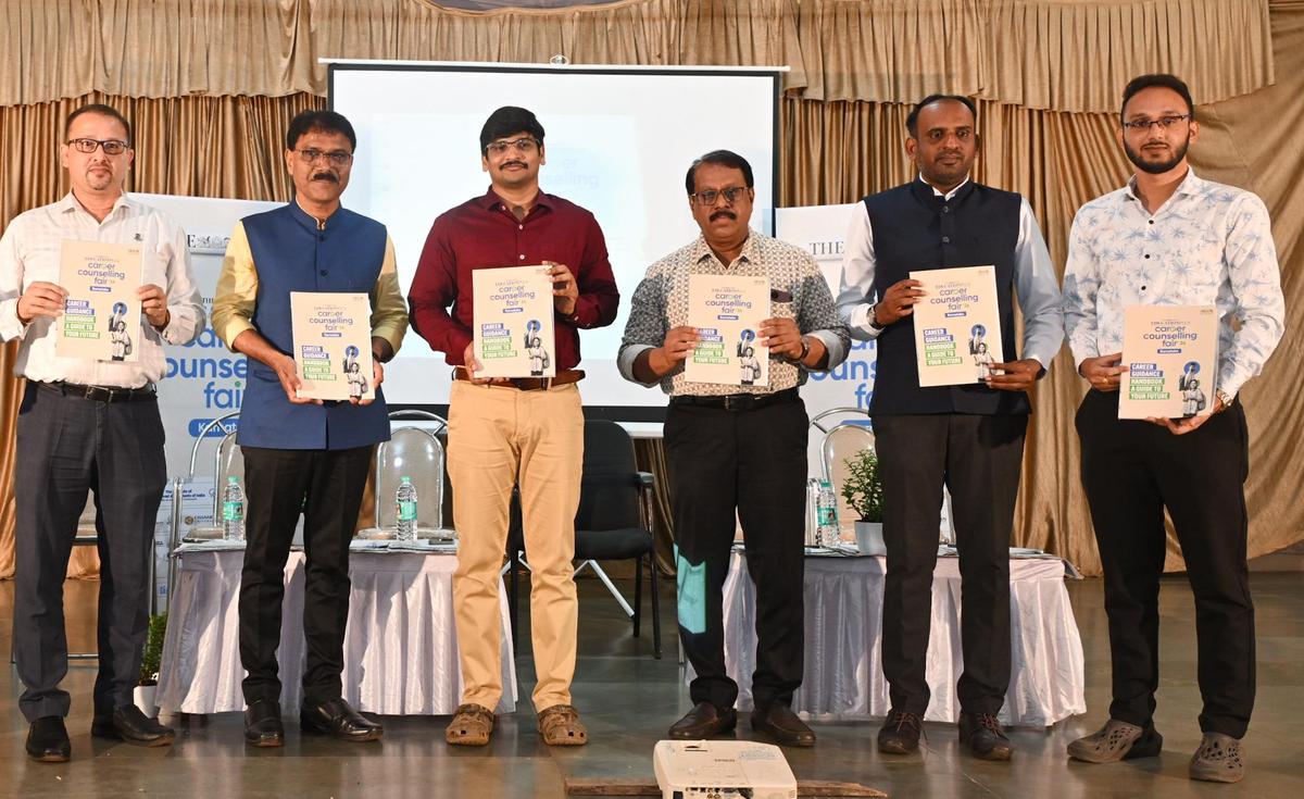 Mangaluru Police Commissioner Sudheer Kumar Reddy (third from left) releasing the career handbook at The Hindu EducationPlus Career Counselling Fair 2026 held at the Sri Sudhindra Auditorium of Canara High School Dongarkery, in Mangaluru on Saturday.