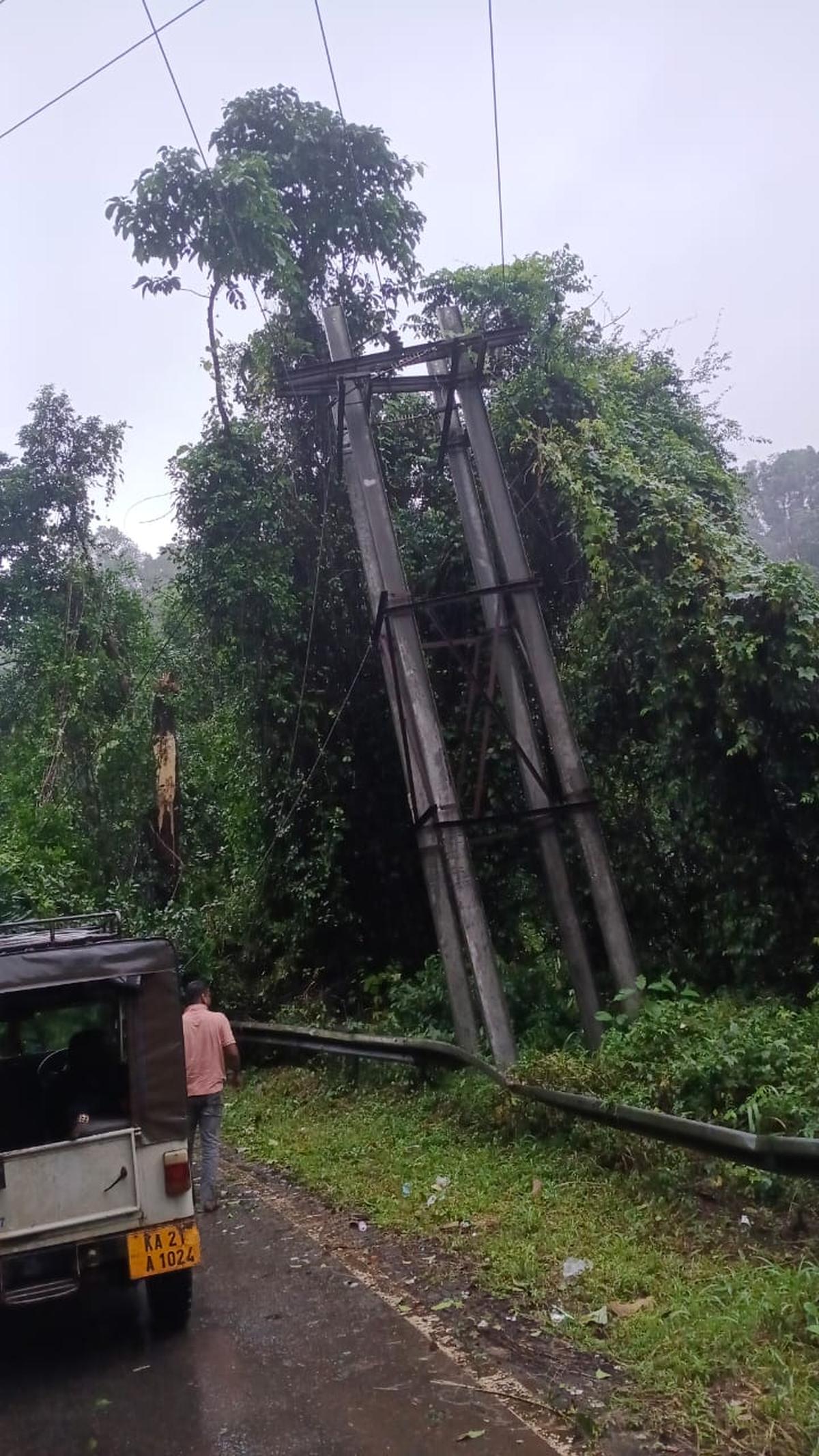 A 33 kV supply tower was affected following gusty winds at Amchinadka in Puttur taluk of Dakshina Kannada district on Saturday. A 33 kV supply tower was affected following gusty winds at Amchinadka in Puttur taluk of Dakshina Kannada district on Saturday.