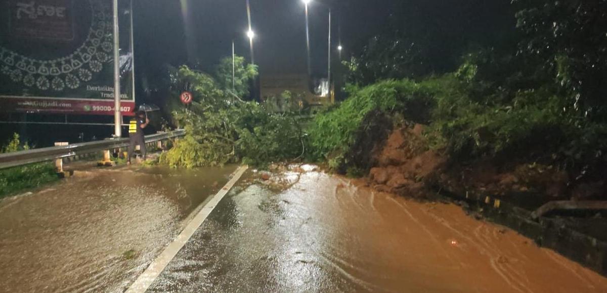 Landslip near the welcome arch at Manglauru International Airport, on July 17, 2025 