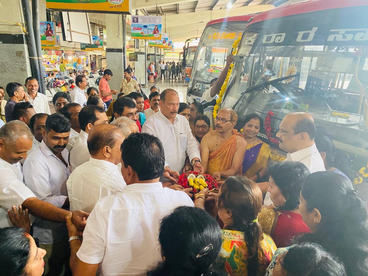 Ivan D’Souza, MLC, and other leaders offering puja to a KSRTC bus in Mangaluru on Monday. Ivan D’Souza, MLC, and other leaders offering puja to a KSRTC bus in Mangaluru on Monday.