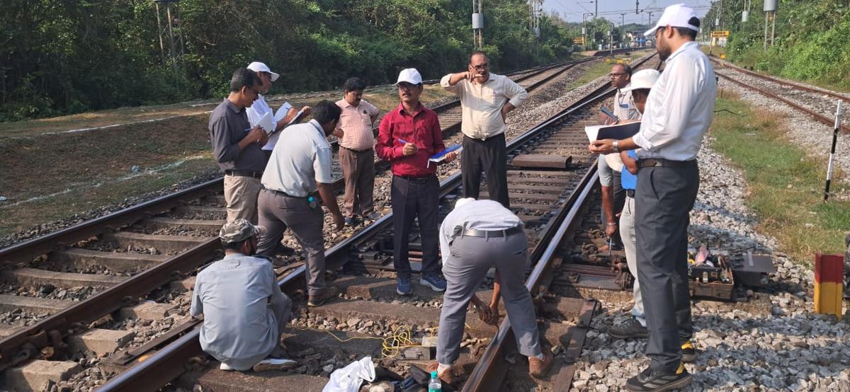 A safety team comprising engineers, technicians, operations personnel and others conducts a safety inspection of the track during the intra-Railway safety audit undertaken by Konkan Railway Corporation Ltd., recently in Karwar region.