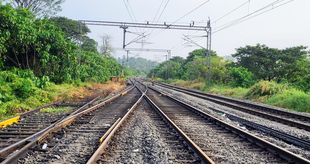 The single line from Mangaluru Central joins the Shoranur-Mangaluru Junction double line near Jeppu Kudpady in Mangaluru on December 10, 2023.