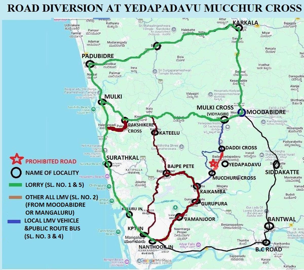 Traffic diversion plan announced by Mangaluru City Traffic Police on Ganjimutt-Yedapadavu stretch of NH 169 near Mangaluru.