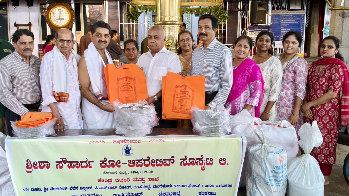 Society donates plates and bags to Mangaladevi temple