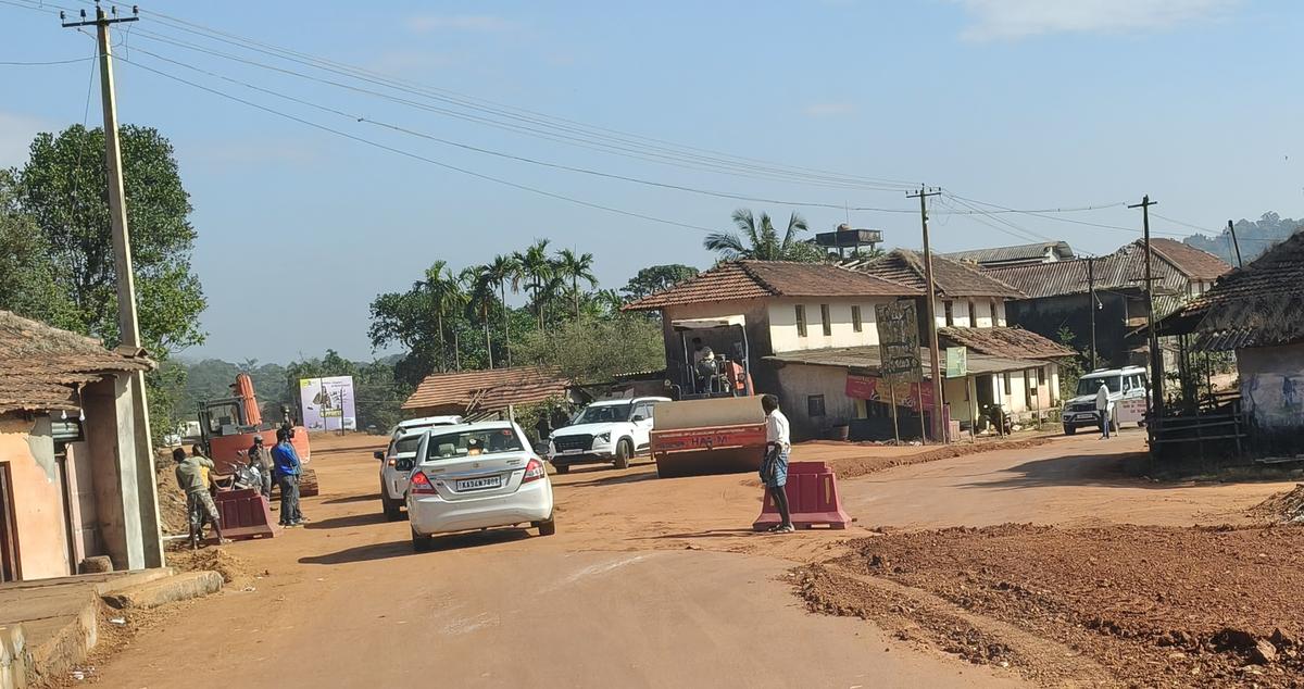 The under construction bypass road for Malpe-Tirthahalli NH 169A seeks to avoid a 90 degree curve at the junction inside the tiny town.