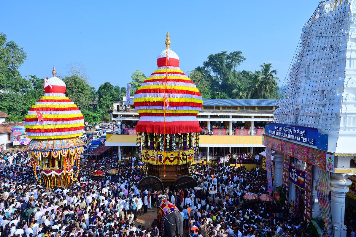 Chikka Ratha and Brahma Ratha were drawn by thousands of devotees at Kukke Subrahmanya in Dakshina Kannada district on Wednesday, Chikka Ratha and Brahma Ratha were drawn by thousands of devotees at Kukke Subrahmanya in Dakshina Kannada district on Wednesday,