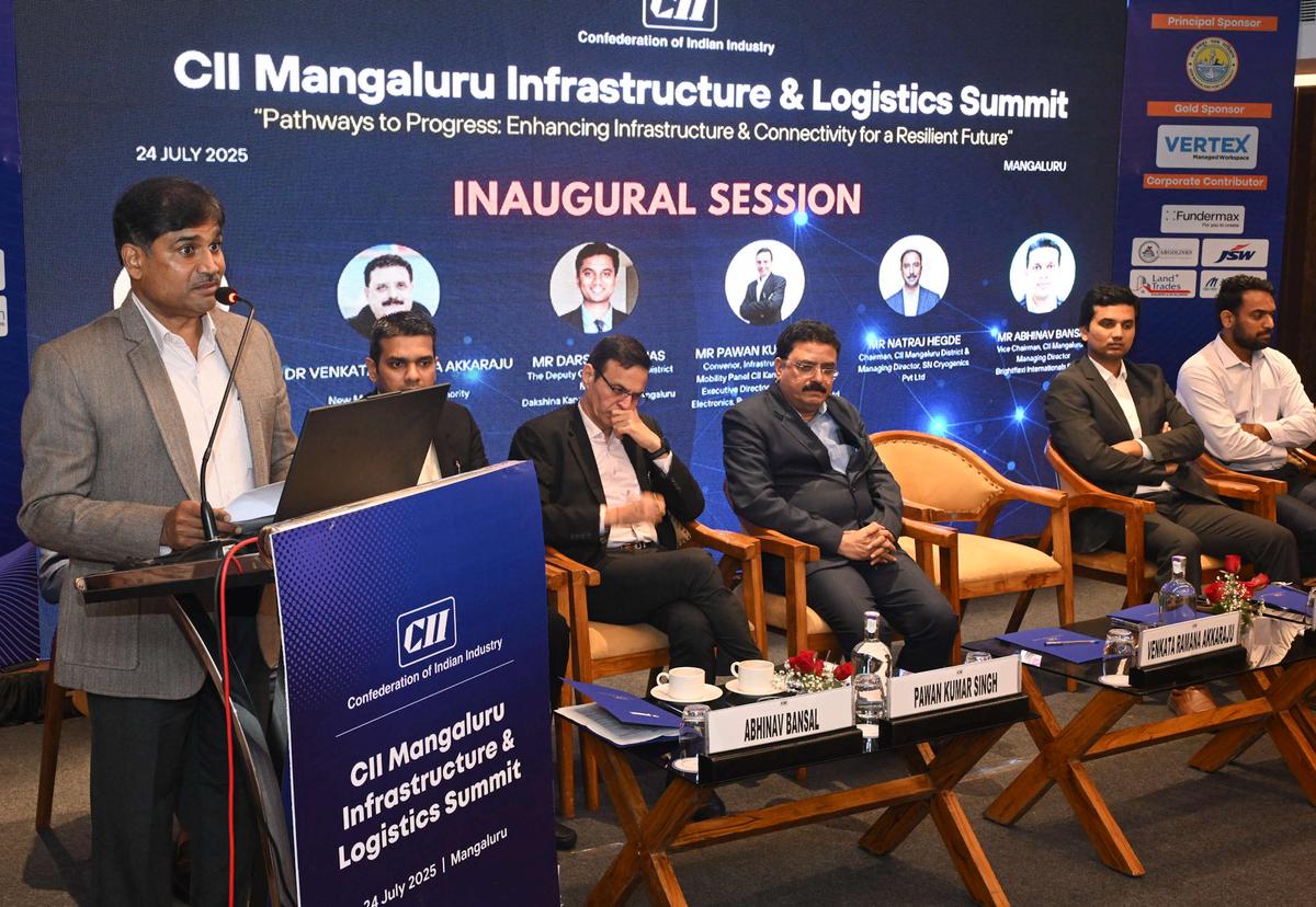 Principal Secretary to Government (Commerce and Industries Department) S Selva Kumar delivers the inaugural address at the CII Mangaluru Infrastructure & Logistics Summit organised by Confederation of Indian Industry, Mangaluru District, on Thursday, July 24, in Mangaluru.