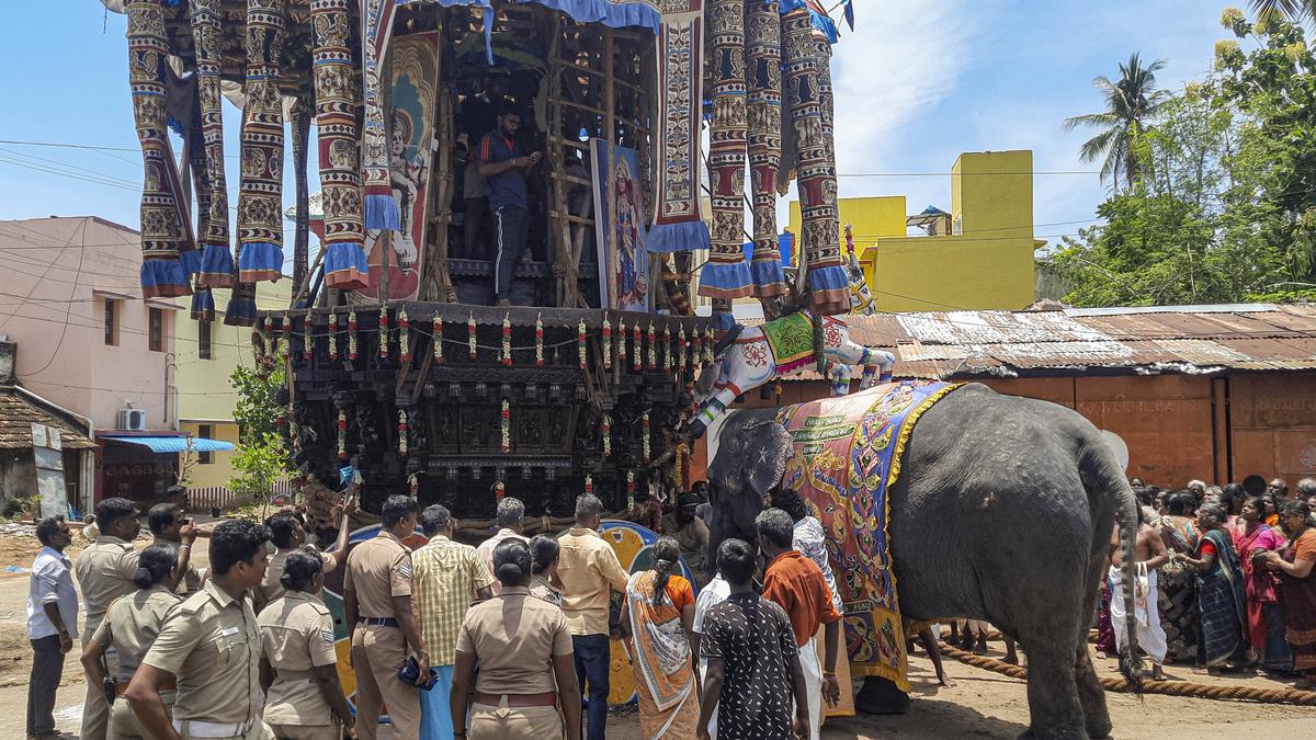 Elephant helps to park temple car at its base