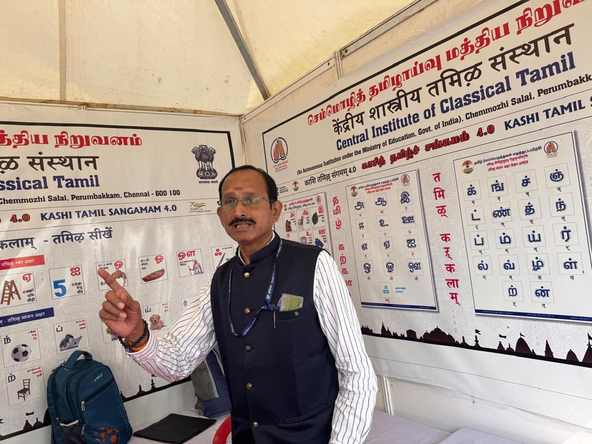 R.Chandrasekaran, Director, Central Institute of Classical Tamil, Chennai, at a stall put up by the institute as part of the Kasi Tamil Sangamam 4.0 at the Namo Ghat at Varasani on Tuesday, December 2, 2025 R.Chandrasekaran, Director, Central Institute of Classical Tamil, Chennai, at a stall put up by the institute as part of the Kasi Tamil Sangamam 4.0 at the Namo Ghat at Varasani on Tuesday, December 2, 2025
