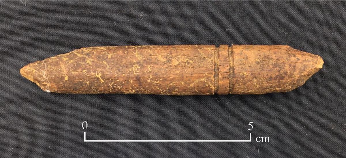 The bone point, found by archaeologists at Porpanaikottai in Tamil Nadu’s Pudukottai district, was probably used for weaving. Photo: Special Arrangement The bone point, found by archaeologists at Porpanaikottai in Tamil Nadu’s Pudukottai district, was probably used for weaving. Photo: Special Arrangement