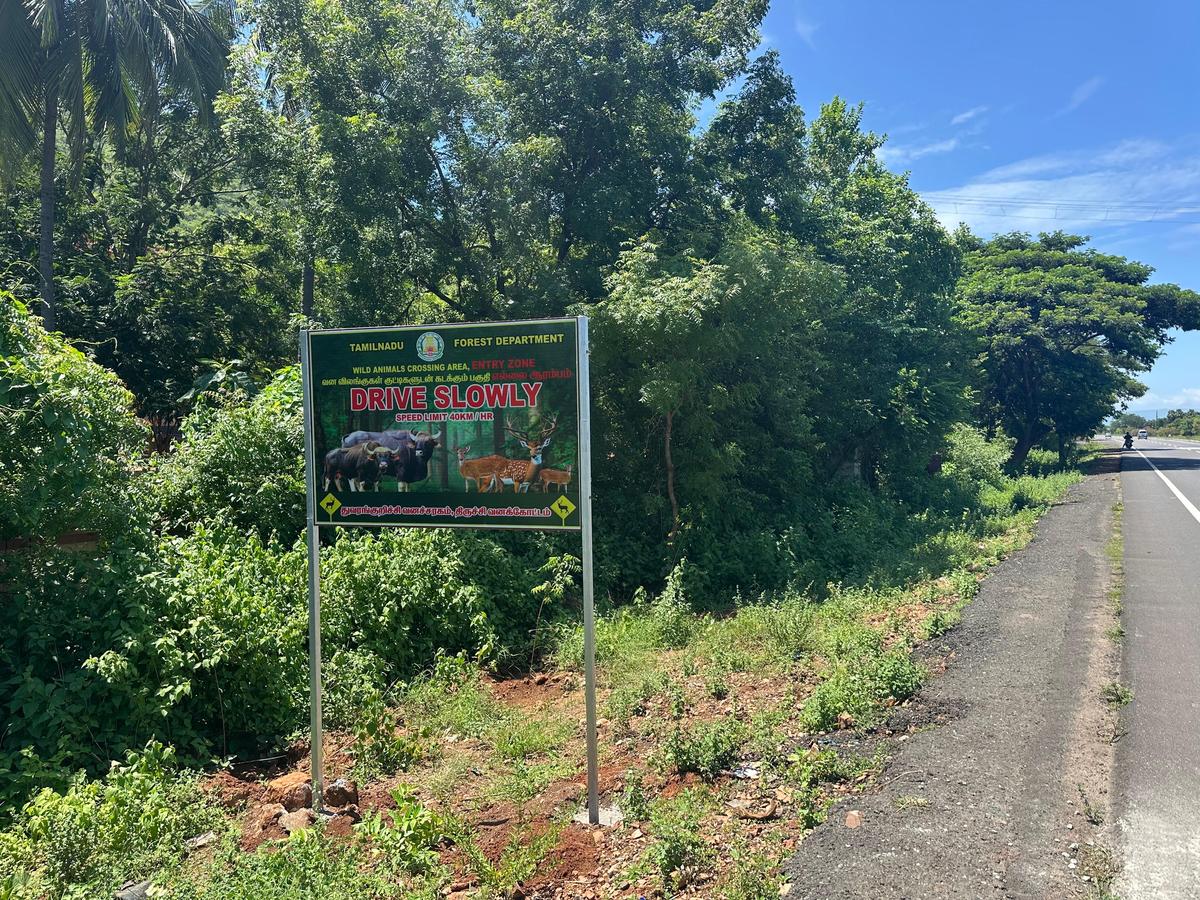 Um painel de advertência instalado ao longo da Rodovia Nacional Tiruchi-Madurai em Thuvarankurichi para alertar os usuários da estrada sobre se tratar de uma área de passagem de animais selvagens. 