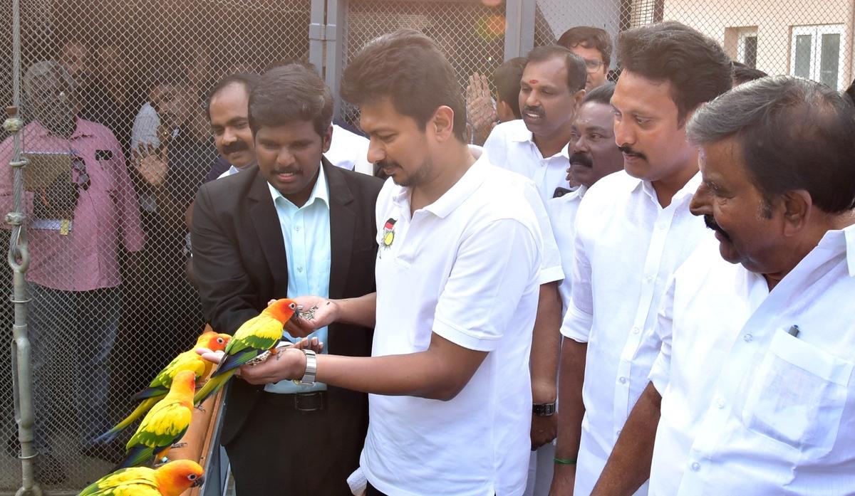 Deputy Chief Minister Udhayanidhi Stalin feeding birds at the Aviary in Tiruchi on Sunday.