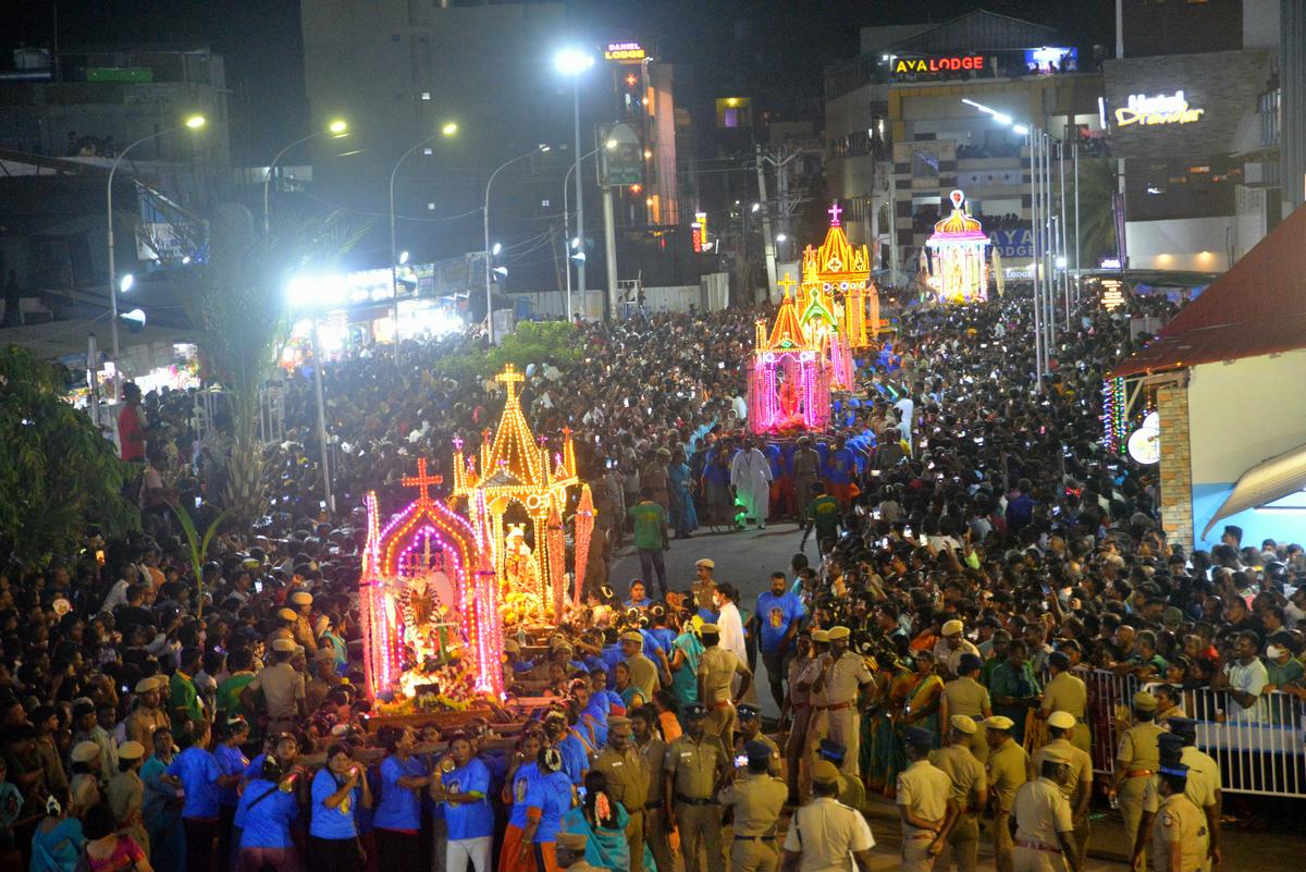 Devotees taking part in the car festival at the Basilica of Our Lady of Good Health in Velankanni on Saturday.