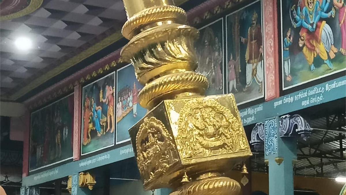 Holy flag staff at Thirubhuvanam temple tilts