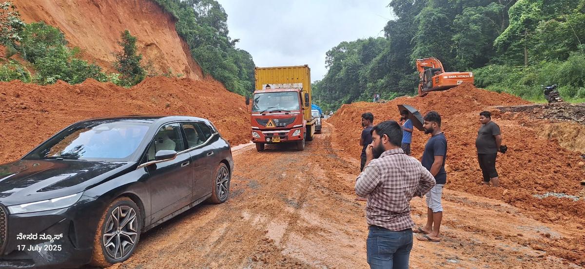 Around 10.15. a.m., NHAI allowed movement of vehicles by clearing debris in the middle of the Bengaluru-Mangaluru national highway that was blcoked by a landslip in Kadaba taluk of Dakshina Kannada district in Karnataka on July 17, 2025.