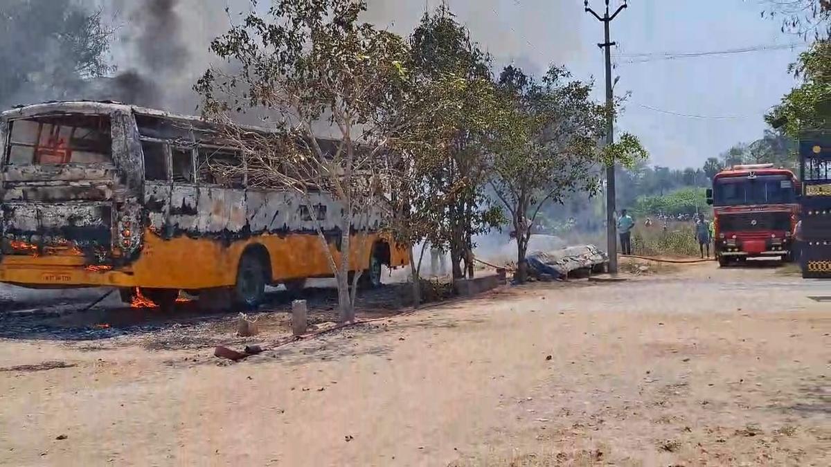 Empty college bus catches fire near Katpadi