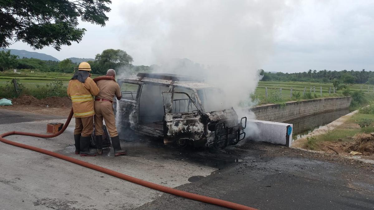 Car catches fire near Katpadi in Vellore