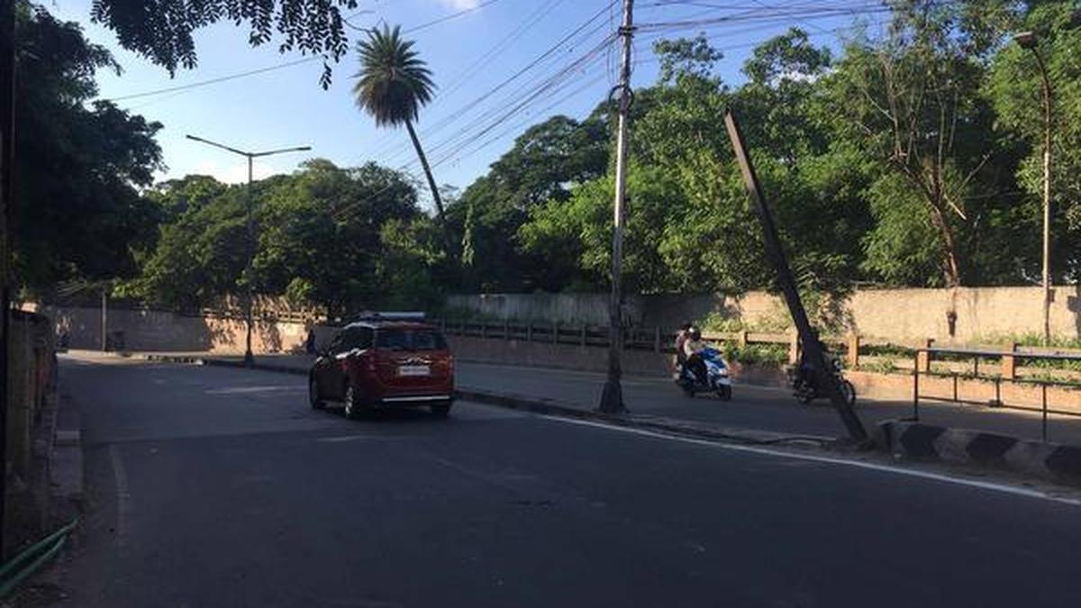 Slanting iron pillar at Nelson Manickam Road worries road users The Hindu
