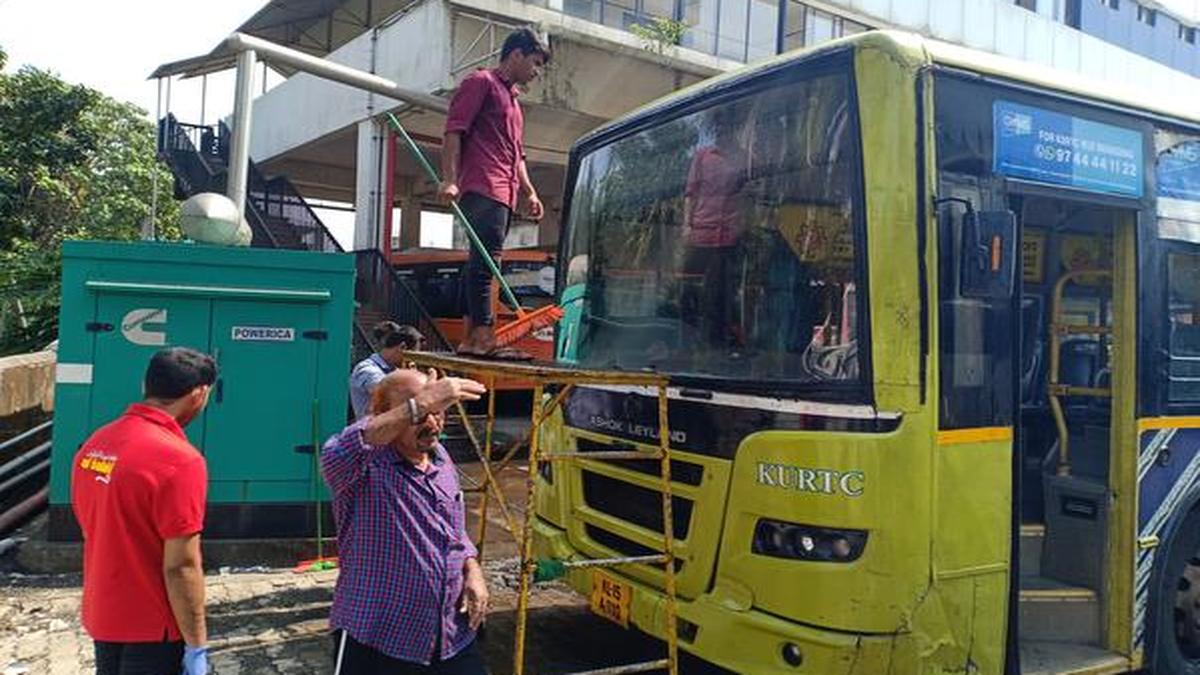 Differentlyabled children clean KSRTC buses on strike day The Hindu