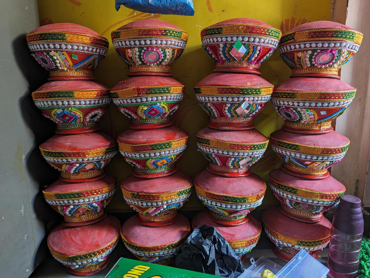 Garba pots decorated by Manjula and her daughters.